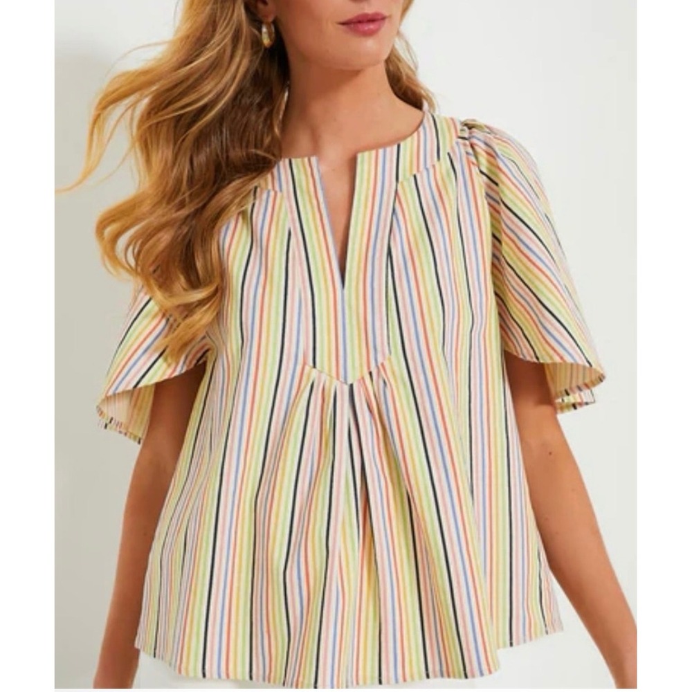 TUCKERNUCK Pomander Place Multi Color Striped Flutter Sleeve V-Neck Blouse XS .